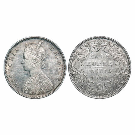 Victoria Empress, Silver, Half Rupee, 1889, Bombay Mint, A/II(i), 'B' raised. F. Prid 299.