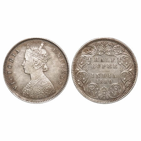 Victoria Empress, Silver, Half Rupee, 1889, Calcutta Mint, A/I, 'C' incused. F. Prid 273.