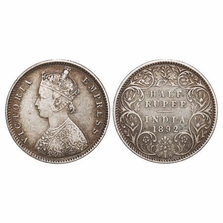 Victoria Empress, Silver, Half Rupee, 1892, Bombay Mint, A/I, 'B' incused. F. Prid 302. GK
