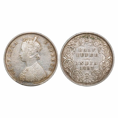 Victoria Empress, Silver, Half Rupee, 1897, Bombay Mint, A/I, 'B' incused. F. Prid 305. GK