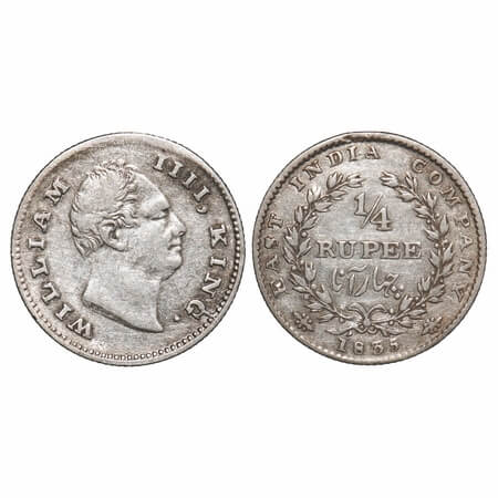 William IV, Silver, 1/4 Rupee, 1835, Calcutta Mint, B/I, R.S. incused, Medium thin size le