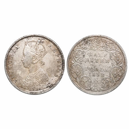 Victoria Empress, Silver, Half Rupee, 1898, Bombay Mint, A/I, 'B' incused, B incused inver
