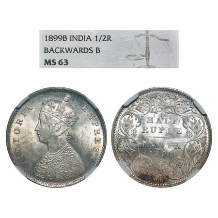Victoria Empress, Silver, Half Rupee, 1899, Bombay Mint, A/I, 'B' incused, B incused inver