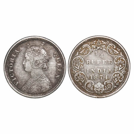 Victoria Empress, Silver, 1/4 Rupee, 1874, Bombay Mint, A/I, Dot. F. Prid 405. GK 664. Ver