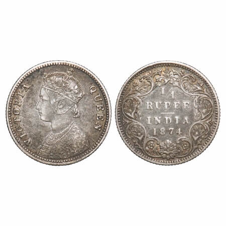 Victoria Queen, Silver, 1/4 Rupee, 1874, Calcutta Mint, A/I, No 'C', No mint mark, Die cra