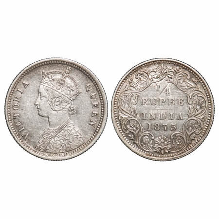 Victoria Queen, Silver, 1/4 Rupee, 1875, Bombay Mint, A/I, No dot. F. Prid 406. GK 666. Ab