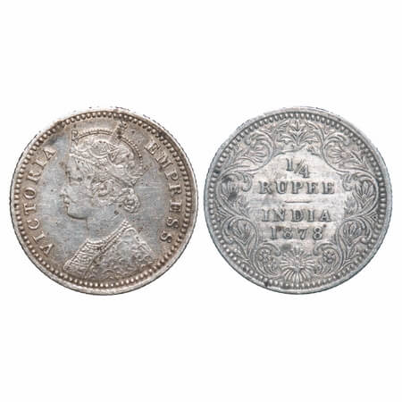 Victoria Empress, Silver, 1/4 Rupee, 1878, Calcutta Mint, C/II, No mint mark, No 'C'. F. P