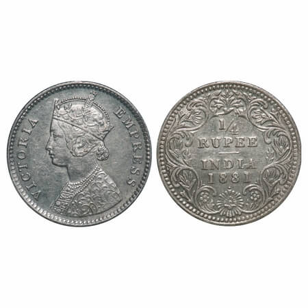 Victoria Empress, Silver, 1/4 Rupee, 1881, Bombay Mint, B/II, Dot. F. Prid 411. GK 678. Ex