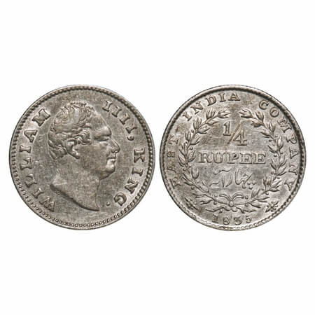 William IV, Silver, 1/4 Rupee, 1835, Calcutta Mint, B/I, R.S. incused, Medium thin size le