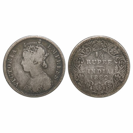 Victoria Empress, Silver, 1/4 Rupee, 1882, Bombay Mint, A/II, Dot. F. Prid 412. GK 681. Fi