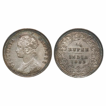 Victoria Empress, Silver, 1/4 Rupee, 1883, Calcutta Mint, C/II, 'C' incused. F. Prid 388. 
