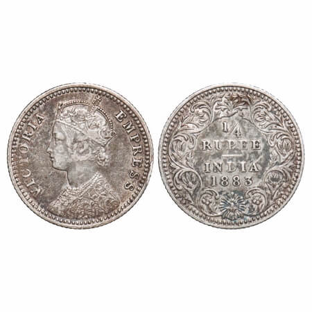 Victoria Empress, Silver, 1/4 Rupee, 1883, Calcutta Mint, C/II, 'C' incused. F. Prid 388. 