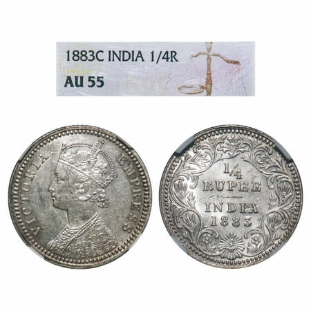 Victoria Empress, Silver, 1/4 Rupee, 1883, Calcutta Mint, C/II, 'C' incused. F. Prid 388. 