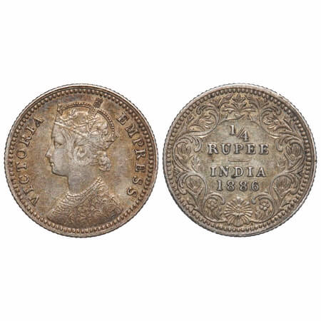 Victoria Empress, Silver, 1/4 Rupee, 1886, Calcutta Mint, C/II, 'C' incused. F. Prid 391. 