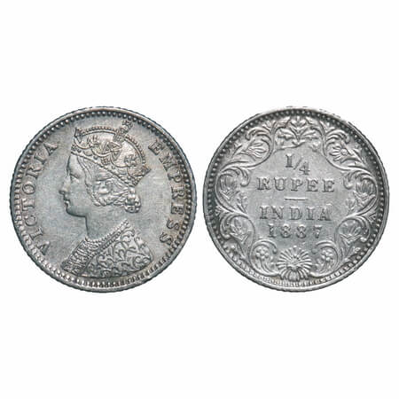 Victoria Empress, Silver, 1/4 Rupee, 1887, Bombay Mint, C(i)/II, 'B' raised. F. Prid 420. 