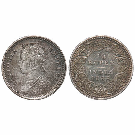Victoria Empress, Silver, 1/4 Rupee, 1888, Calcutta Mint, C/II, No mint mark, No 'C', Ghos