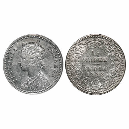 Victoria Empress, Silver, 1/4 Rupee, 1888, Calcutta Mint, C/II, No mint mark, No 'C', Ghos