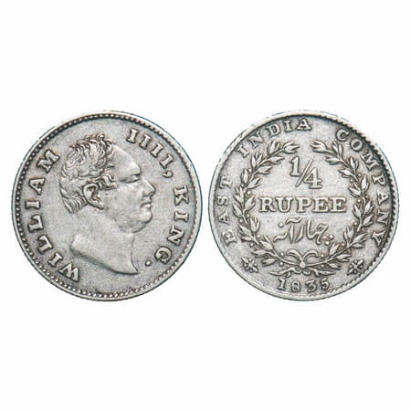 William IV, Silver, 1/4 Rupee, 1835, Calcutta Mint, B/I, R.S. incused, Medium thin size le