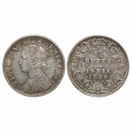 Victoria Empress, Silver, 1/4 Rupee, 1889, Bombay Mint, C(i)/II, 'B' incused. F. Prid 423.