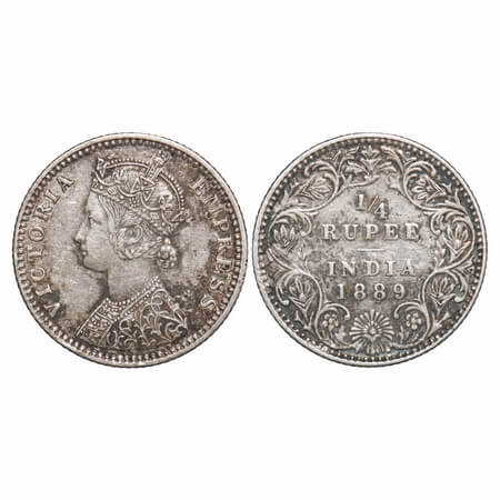 Victoria Empress, Silver, 1/4 Rupee, 1889, Bombay Mint, C(i)/II, 'B' incused. F. Prid 423.