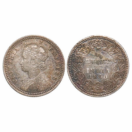 Victoria Empress, Silver, 1/4 Rupee, 1890, Calcutta Mint, C/II, 'C' incused. F. Prid 395. 