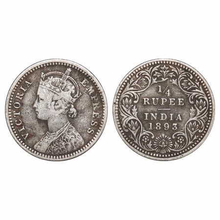 Victoria Empress, Silver, 1/4 Rupee, 1893, Calcutta Mint, C/II, 'C" incused. F. Prid 398. 