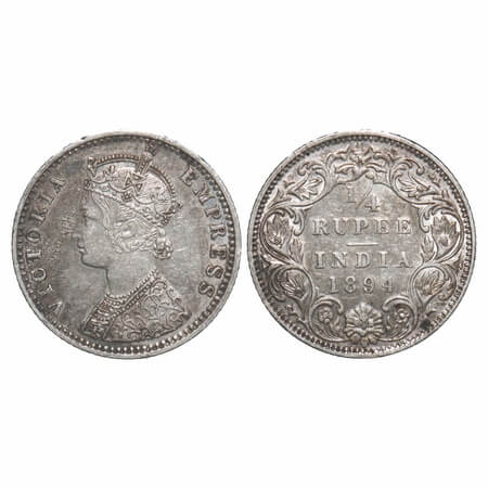 Victoria Empress, Silver, 1/4 Rupee, 1894, Bombay Mint, C(i)/I, 'B' incused. F. Prid 428. 
