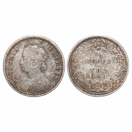 Victoria Empress, Silver, 1/4 Rupee, 1894, Calcutta Mint, C/II, 'C' incused. F. Prid 399. 