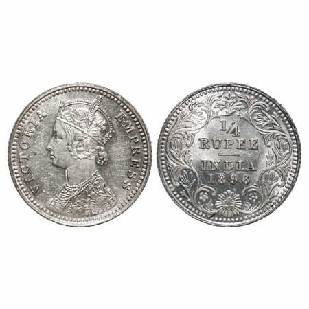 Victoria Empress, Silver, 1/4 Rupee, 1896, Calcutta Mint, C/II, C incused. F.Prid 400. GK 