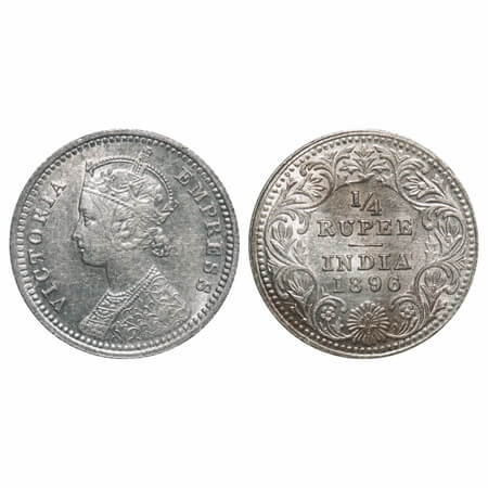 Victoria Empress, Silver, 1/4 Rupee, 1896, Calcutta Mint, C/II, 'C' incused. F. Prid 400. 