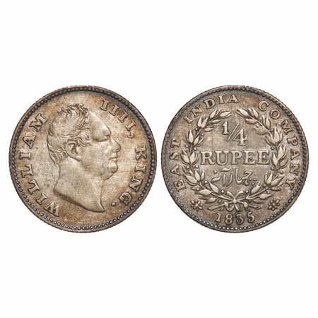 William IV, Silver, 1/4 Rupee, 1835, Calcutta Mint, A/II, 'F' incused, Wreath with 19 Berr