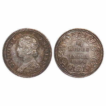 Victoria Empress, Silver, 1/4 Rupee, 1896, Calcutta Mint, C/II, 'C' incused. F. Prid 400.