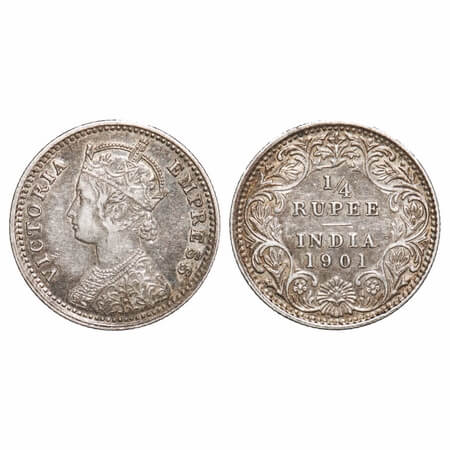 Victoria Empress, Silver, 1/4 Rupee, 1901, Calcutta Mint, C/II, 'C' incused. F. Prid 404. 