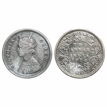 Victoria Queen, Silver, 2 Annas, 1874, Bombay Mint, A/I, No mint mark, No dot. F. Prid. Un