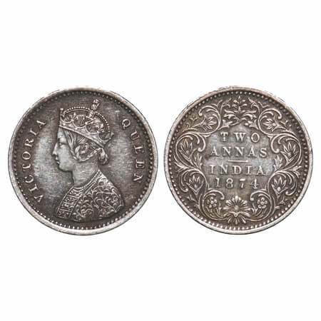 Victoria Queen, Silver, 2 Annas 1874, Bombay Mint, A/I, No mint mark, No dot. F. Prid Unli