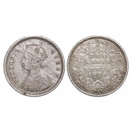Victoria Queen, Silver, 2 Annas 1874, Bombay Mint, A/I, No mint mark, No dot. F. Prid Unli