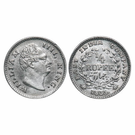 William IV, Silver, 1/4 Rupee, 1835, Calcutta Mint, A/III, Dugout f, Small dugout f, Wreat