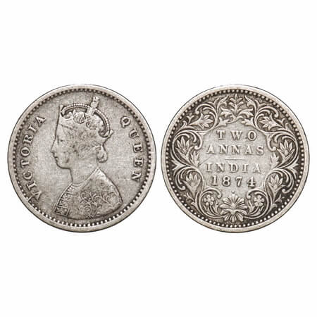 Victoria Queen, Silver, 2 Annas, 1874, Bombay Mint, A/I, Dot. F. Prid Unlisted. GK 739. Ve