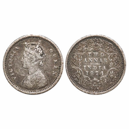 Victoria Queen, Silver, 2 Annas, 1874, Calcutta Mint, A/I, No mint mark. F. Prid 488. GK 7