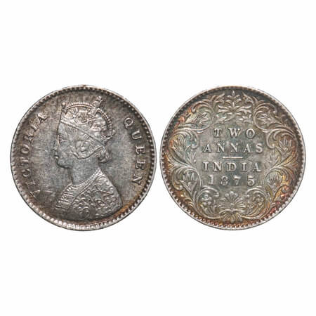 Victoria Queen, Silver, 2 Annas 1875, Calcutta Mint, A/I, No mint mark. F. Prid 489. GK 74