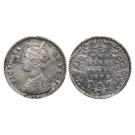 Victoria Queen, Silver, 2 Annas, 1875, Calcutta Mint, A/I, No mint mark, Error: planchet f