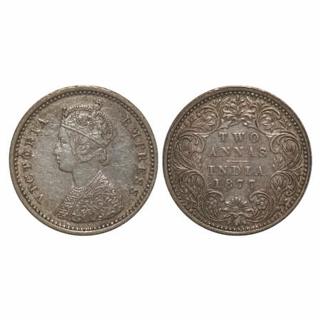 Victoria Empress, Silver, 2 Annas, 1877, Bombay Mint, A/I, Dot, Ghost on Obv. F. Prid 520.