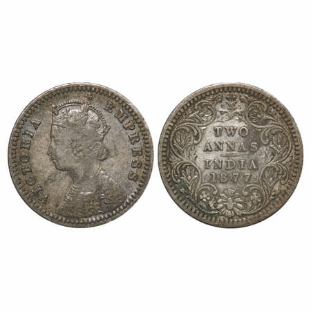 Victoria Empress, Silver, 2 Annas, 1877, Bombay Mint, B/II, Dot, Dot is positioned on the 