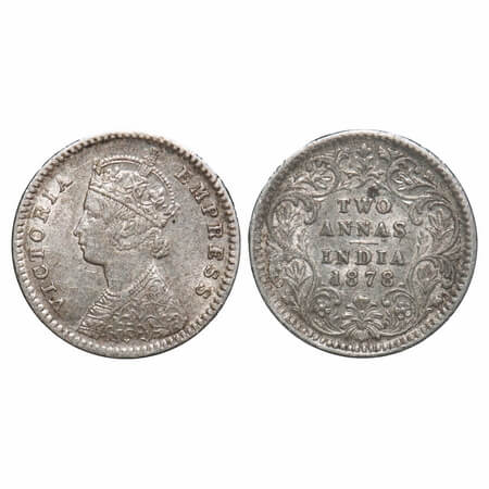 Victoria Empress, Silver, 2 Annas 1878, Calcutta Mint, B/II, No mint mark. F. Prid 493. GK