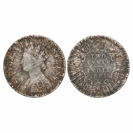 Victoria Empress, Silver, 2 Annas, 1881, Bombay Mint, Error, Sun burst Error. Very Fine+. 