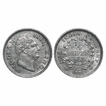 William IV, Silver, 1/4 Rupee, 1835, Calcutta Mint, A/III, dugout f, Large dugout f, Wreat