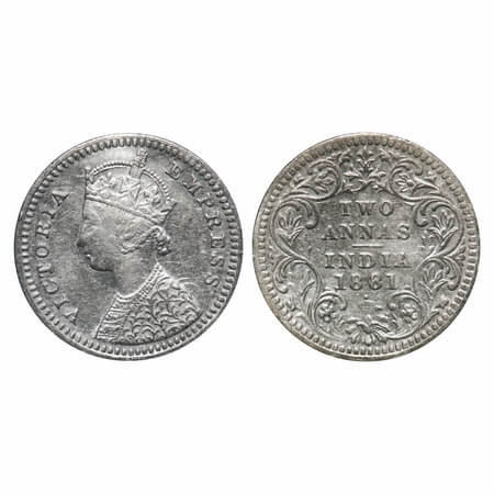 Victoria Empress, Silver, 2 Annas, 1881, Bombay Mint, B/II, Dot. F. Prid 524. GK 757. Very