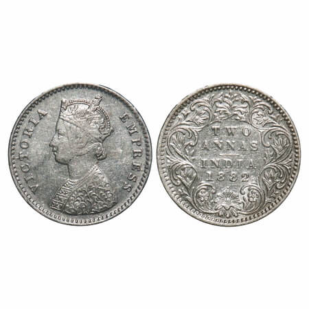 Victoria Empress, Silver, 2 Annas, 1882, Bombay Mint, A/I, Dot. F. Prid 522. GK 755. About