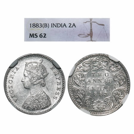 Victoria Empress, Silver, 2 Annas, 1883, Bombay Mint, A/I, Dot. F. Prid 529. GK 765. NGC S