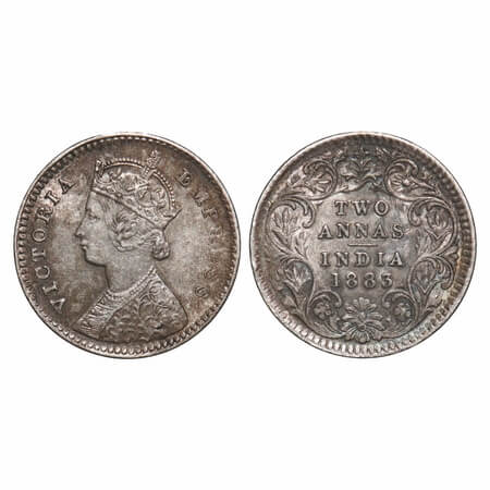 Victoria Queen, Silver, 2 Annas 1883, Calcutta Mint, B/II, 'C' incused. F. Prid 498. GK 76